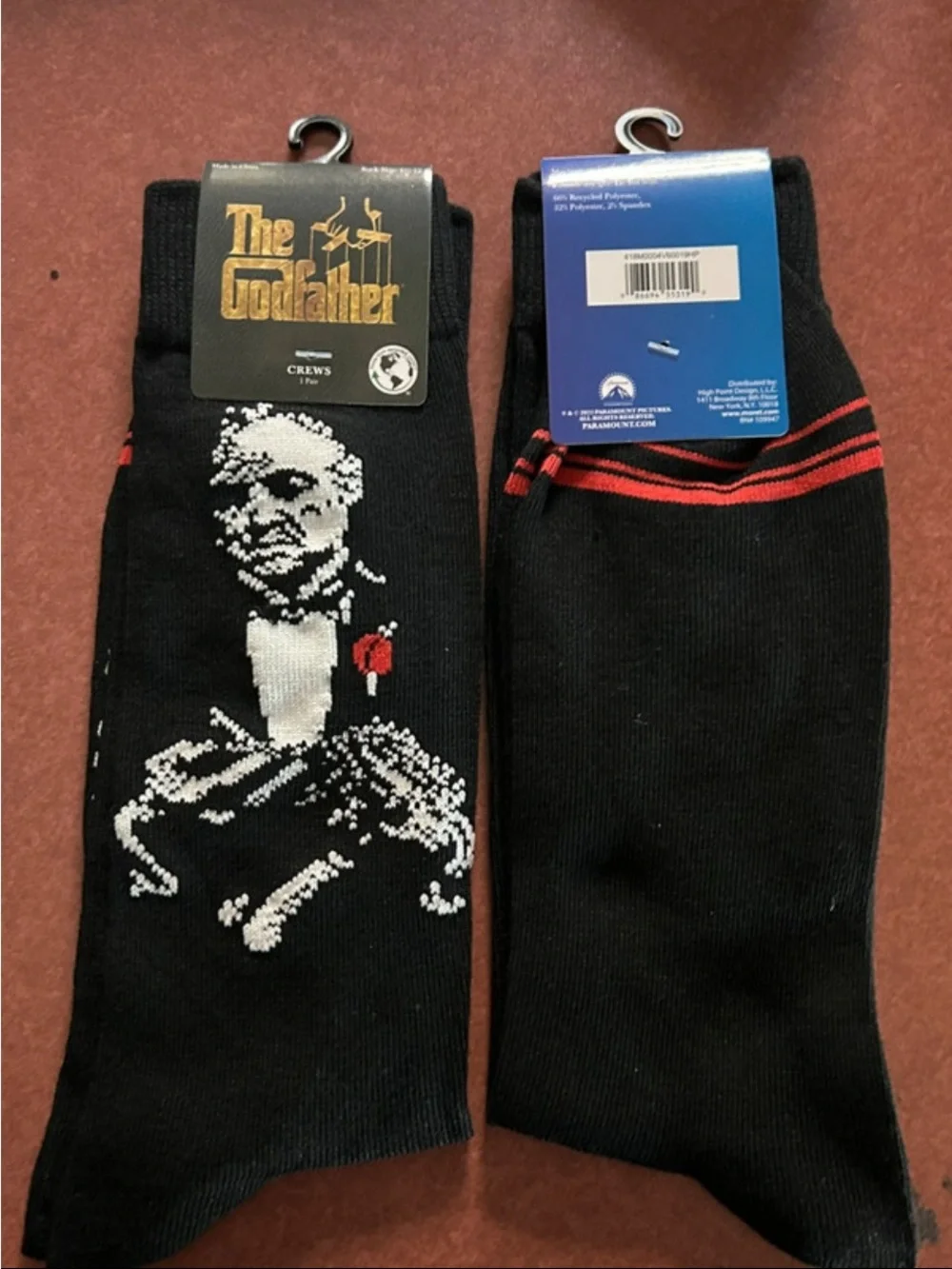 Men's Black Crew Socks with Red Rose Accent set of two